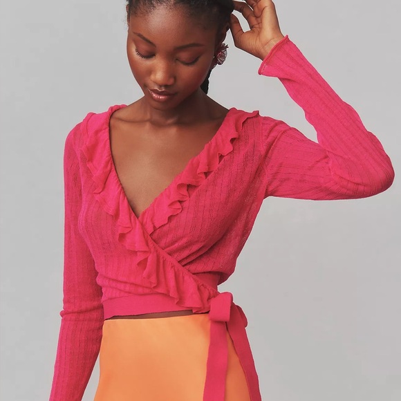 Anthropologie Maeve Linen Ruffled Wrap Cardigan Sweater - Picture 6 of 8